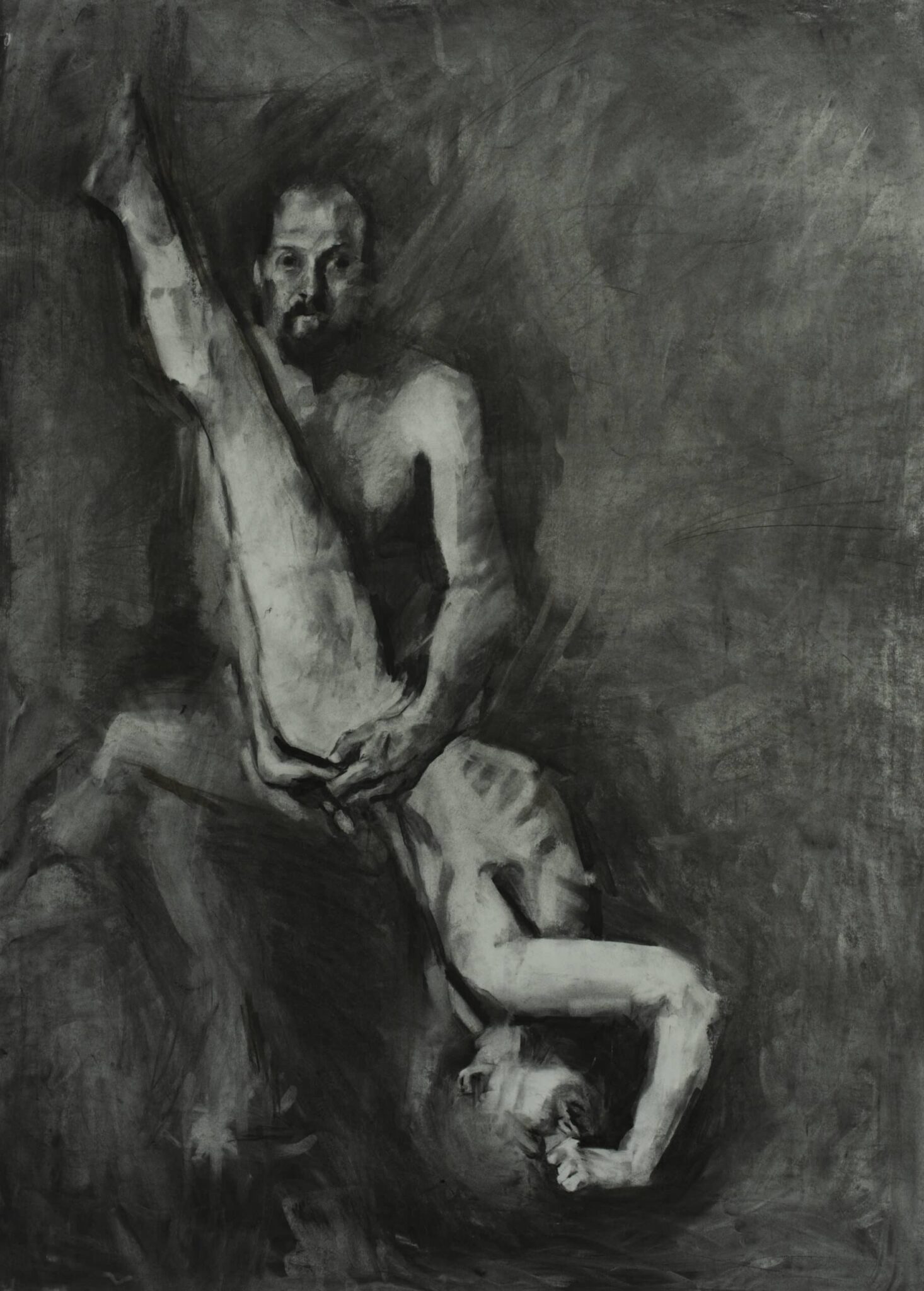 Charcoal drawing from Roberto Murillo's figurative Couplings series, featuring a nude man holding a nude woman upside down, in a dynamic and acrobatic pose.