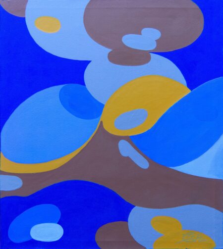 Colourful abstract acrylic painting by Christian Porras with a volcano erupting plums magnificently and violently. Blue yellow and brown. Volcano eruption painting