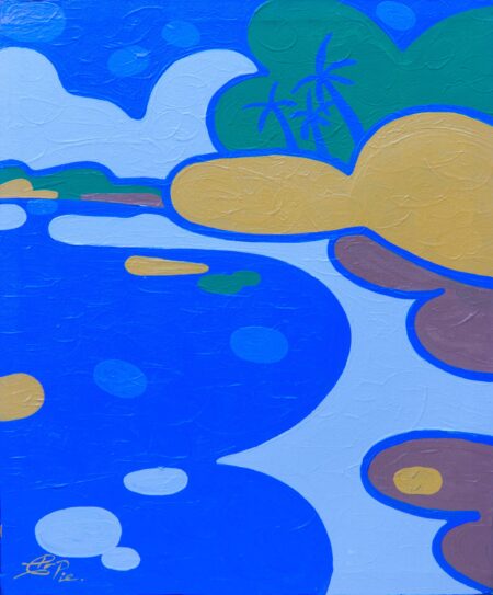 Colourful abstract acrylic painting by Christian Porras with a tropical beach scene filled with light and brightness. A Palmeras beach painting.