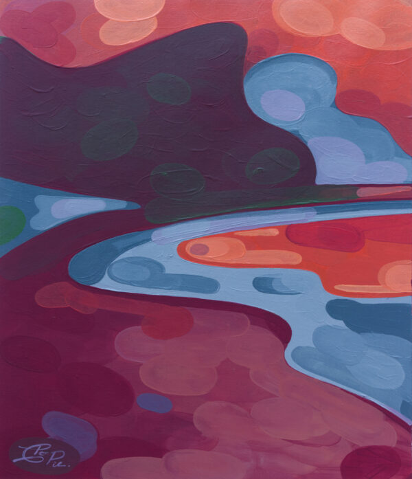 Colourful abstract acrylic painting by Christian Porras with a ruby red and orange sky during a radiant sunset over glistening blue water. Costa Rica abstract landscape