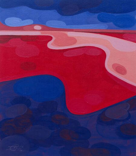 Colourful turbulent wave painting with red, pink and blue by Christian Porras with lava river flowing post eruption driving fear. Blue red pink. abstract lava river