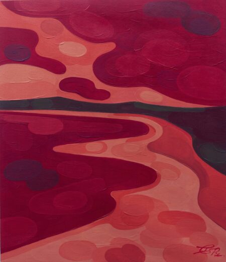 Abstract ovoid painting in shades of red and pink depicting a winding path under a glowing late afternoon sky, inspired by the Costa Rican sunset.