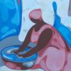 Colourful abstract acrylic painting by Christian Porras with a surreal tica washing with vigor in blue and pink. domestic figurative painting