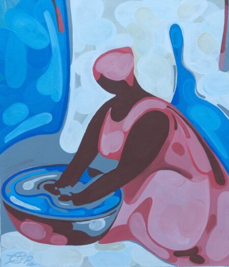Colourful abstract acrylic painting by Christian Porras with a surreal tica washing with vigor in blue and pink. domestic figurative painting