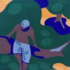 Colourful abstract figure painting by Christian Porras with a tico precariously balanced on a branch. abstract landscape painting