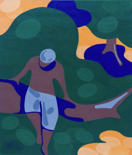 Colourful abstract figure painting by Christian Porras with a tico precariously balanced on a branch. abstract landscape painting