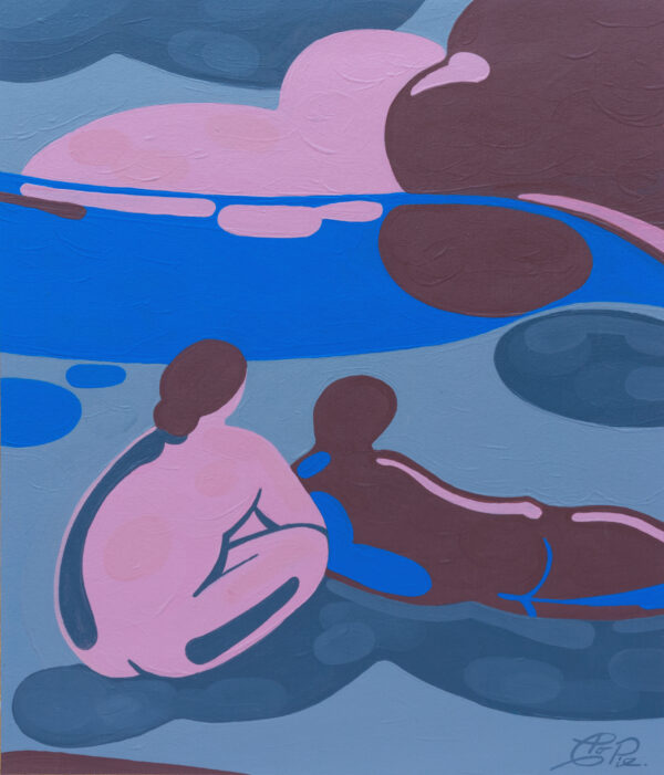 Colourful abstract acrylic painting by Christian Porras with a sexy couple bathing in their love. Pink brown blue and grey. block colour landscape painting