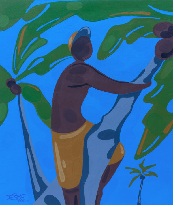 Colourful abstract acrylic painting by Christian Porras with a young tico boy climbing a palm tree for coconuts. Blue green yellow and brown. Costa Rica tico painting