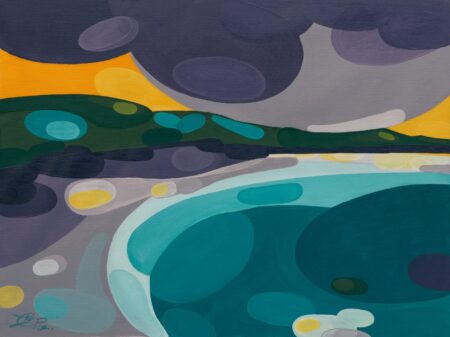 Colourful abstract acrylic painting by Christian Porras with the polkadot ocean and deep purple winds bringing about enigmatic change. Costa Rica ocean abstract