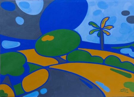 Colourful abstract acrylic painting by Christian Porras with tropical dreams in neverland and yellow brick road. Guanacaste landscape painting