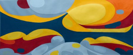 Colourful abstract cloud painting by Christian Porras with a magical world where the sky effortlessly kisses the mountains. Orange, blue, grey, red and yellow. Colourful abstract cloud painting