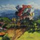Vivid animal-shaped balloons drift above verdant fields and red-roofed houses; distant mountains rest under a luminous, cloud-dappled sky. Painting by Adrián Arguedas who is showing at Craig Krull Gallery July 2026. An original work available at MÍRAME Fine Art.
