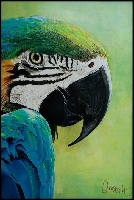 Blue macaw painting by Oubaïda Azzouz.