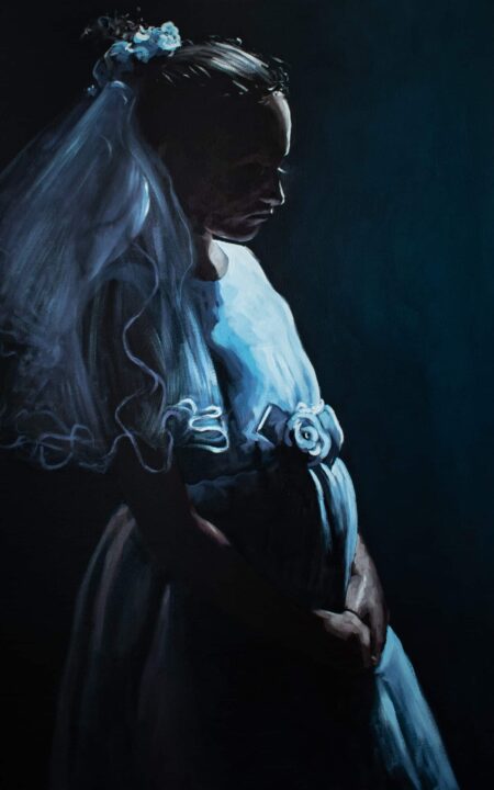 In profile, a girl in a white dress and veil is softly illuminated, accentuating ruffled veil, floral headpiece, and belt buckle. , an original work available at MÍRAME Fine Art.