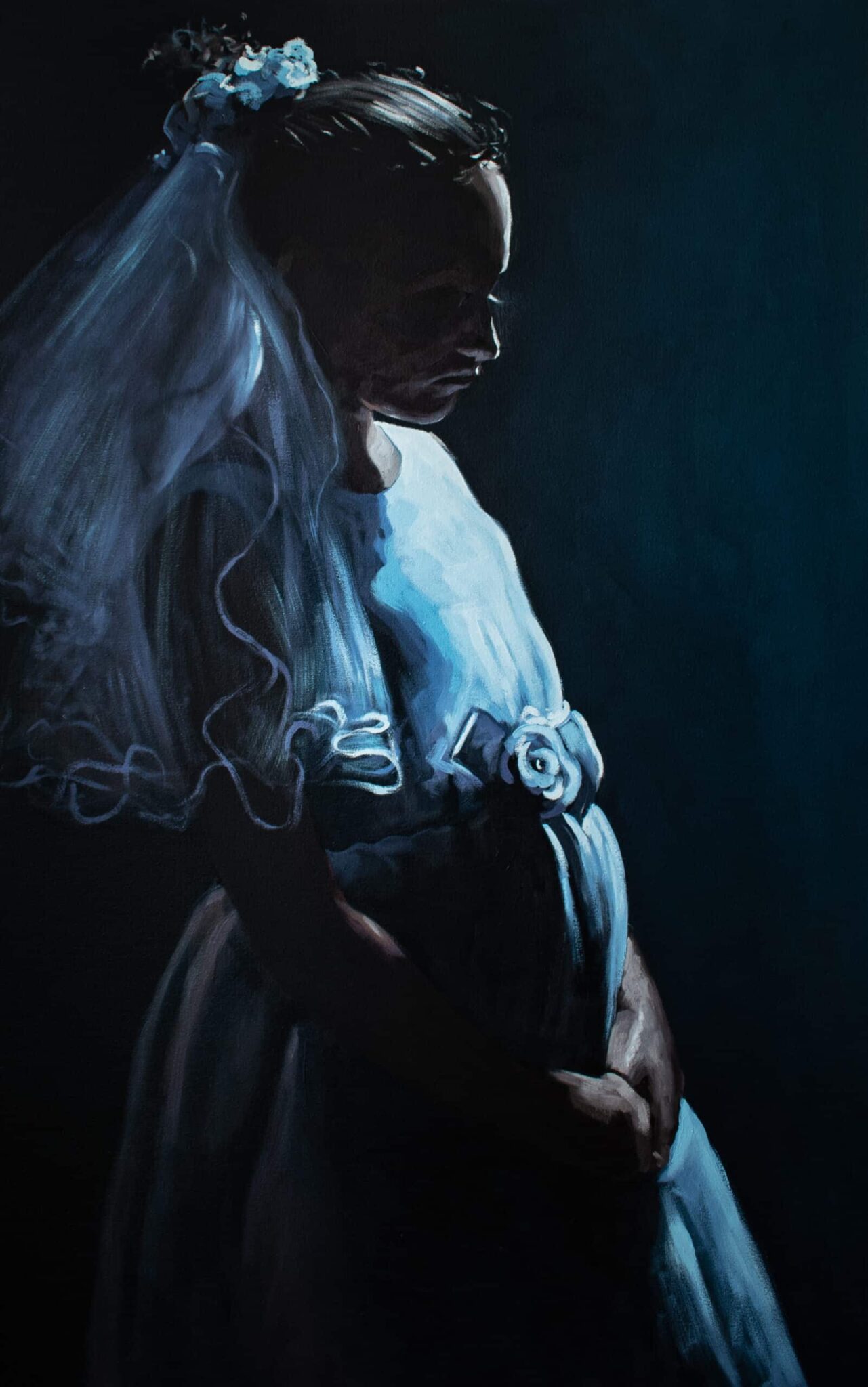 In profile, a girl in a white dress and veil is softly illuminated, accentuating ruffled veil, floral headpiece, and belt buckle. , an original work available at MÍRAME Fine Art.