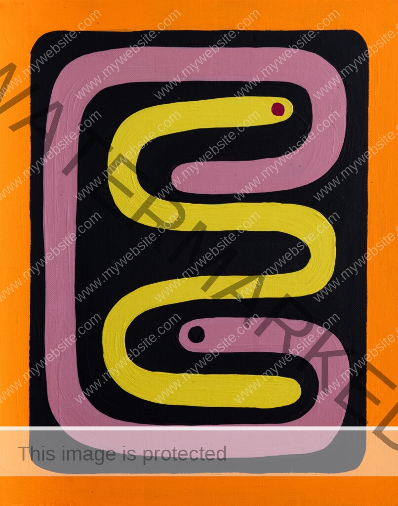 Abstract snake painting, red, pink by Allegra Pacheco.Abstract snake painting, orange, yellow, pink by Allegra Pacheco.