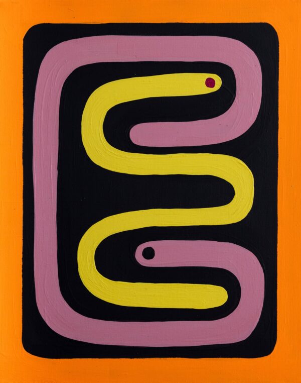 Abstract snake painting, red, pink by Allegra Pacheco.Abstract snake painting, orange, yellow, pink by Allegra Pacheco.
