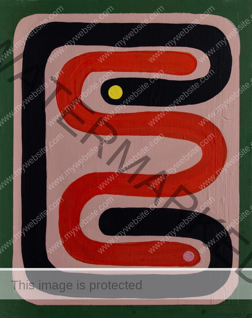 Abstract snake painting, red, pink by Allegra Pacheco.
