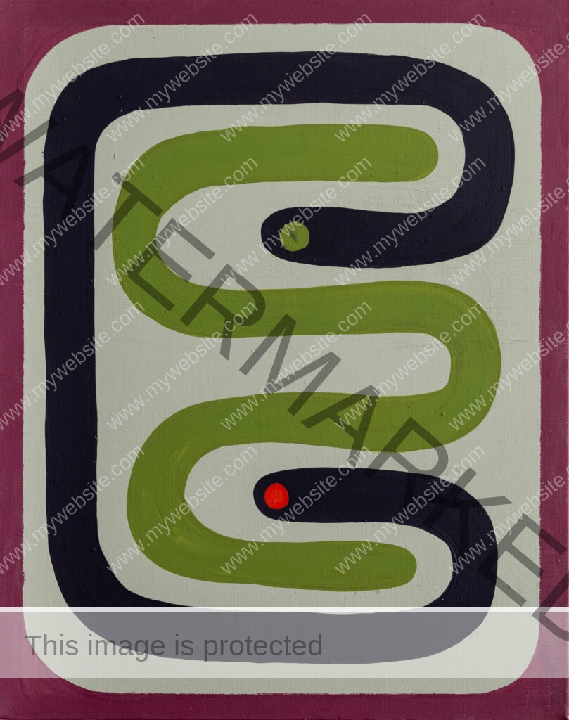 Abstract snake painting, red, black and green by Allegra Pacheco.