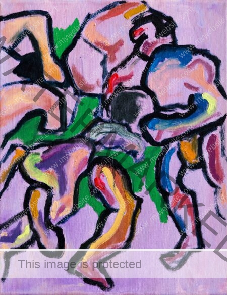 Abstract purple, green and red boxing scene, acrylic painting by Allegra Pacheco. Called Boxing Series II