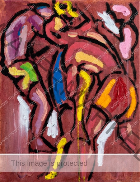 Abstract, red/brown boxing scene, acrylic boxing painting by Allegra Pacheco. Primal depiction of 4 people Boxing
