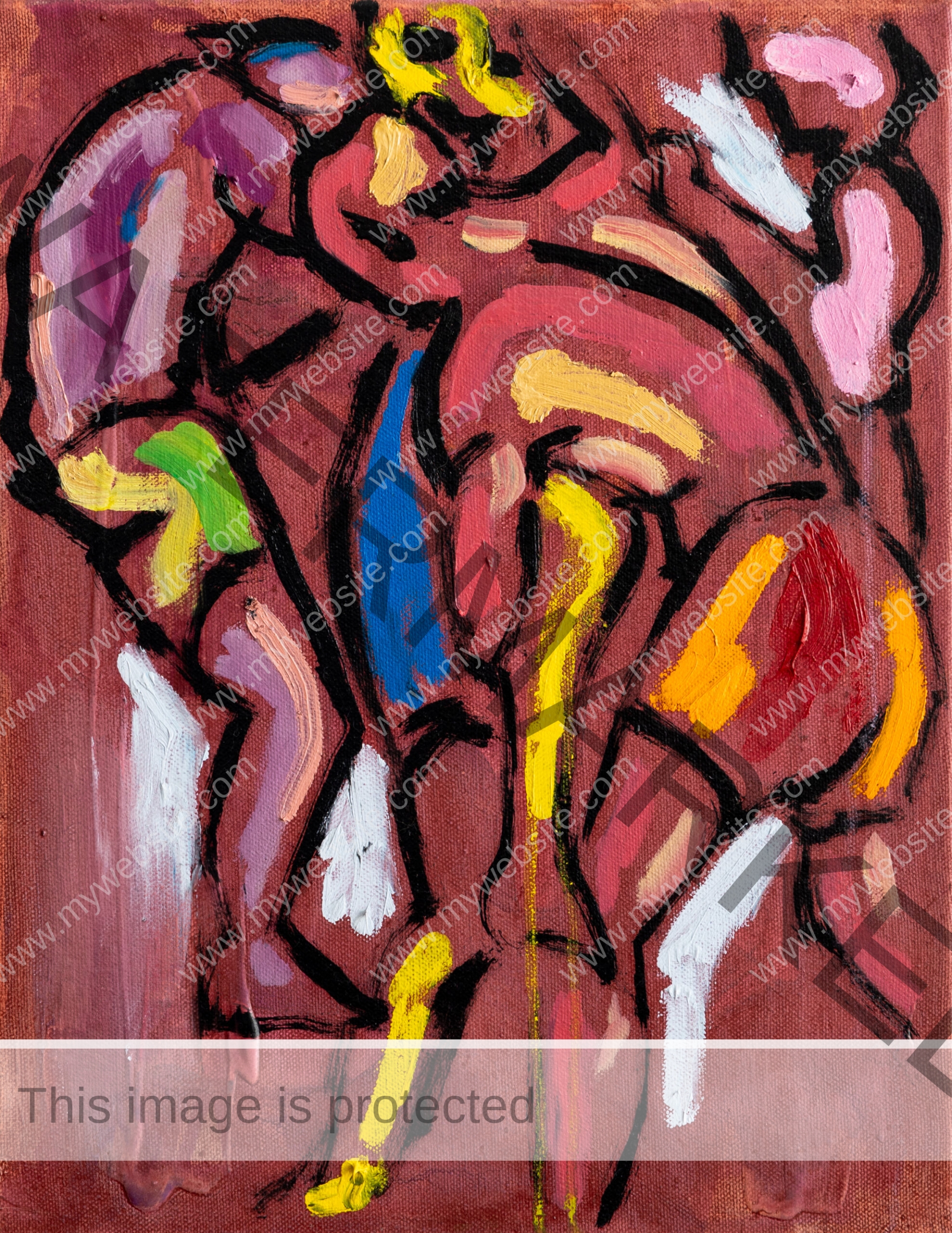 Abstract, red/brown boxing scene, acrylic boxing painting by Allegra Pacheco. Primal depiction of 4 people Boxing