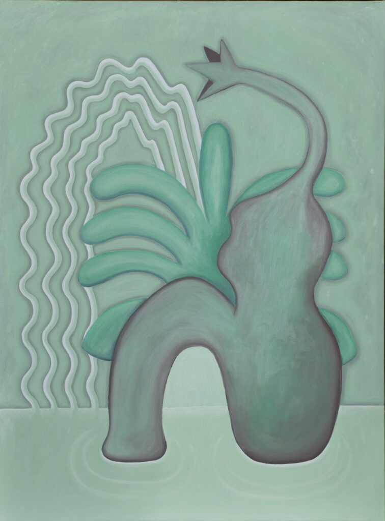 Deconstructed jungle with uncanny, surreal plant that resembles a human form, painted in Christian Wedel's signature green.