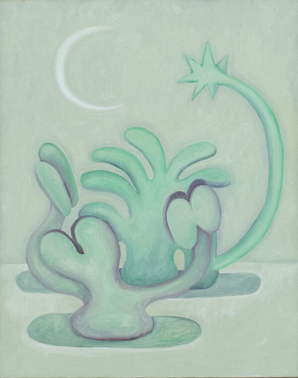 Surreal, abstract green painting by Christian Wedel of uncanny plant-like forms that resemble human forms. The painting evokes feelings of the Other as Wedel paints futuristic and alien worlds.