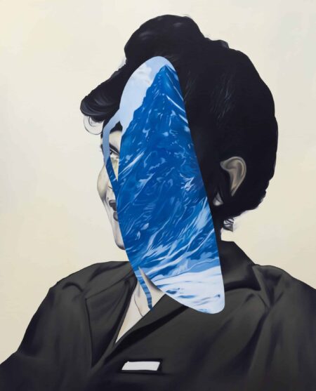 A black and white collage oil painting of a woman with a blue Montana mountain in the middle. surreal Montana mountain woman portrait