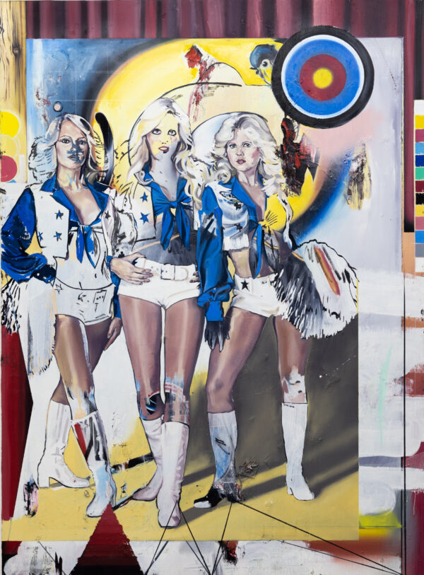 Oil painting by Emmanuel Rodriguez-Chaves of three women dressed sporting the Dallas Cowboys football team. The painting has images mashed together so it resembles a collage and the woman are scantily-clad looking out of the canvas. It's a sexy painting with a pop culture vibe. Dallas Cowboys cheerleaders painting
