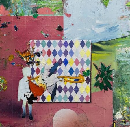 C ollage-inspired oil painting by Emmanuel Rodriguez-Chaves of collage features, depicting a figure and a landscape in the background. Promoting artist gallery MÍRAME Fine Art. Advertising new show Anamorfosis: pequeñas fracturas February 2026