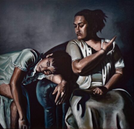 An evocative painting depicts two women: one upright and imperious, eyes closed, while the other reclines wearily across her lap, amid a somber backdrop. , an original work available at MÍRAME Fine Art.