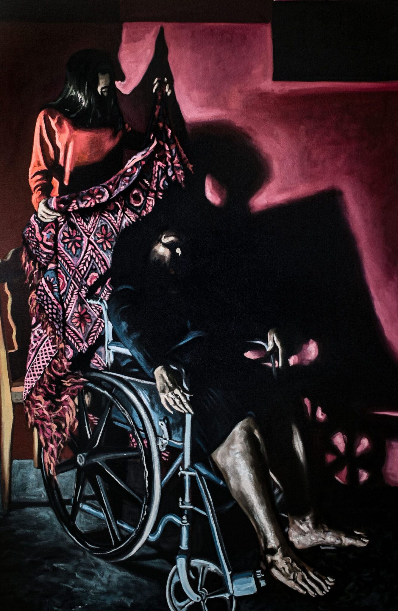 A figure tenderly enrobes another in a red patterned blanket; dramatic shadows and somber faces evoke profound care and solemnity. , an original work available at MÍRAME Fine Art.