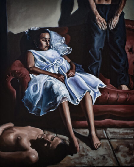 Painting by Jesus Mejia of a girl wearing a communion dress, slumped on a sofa with two figures, one on the floor seemingly naked and the other standing on the sofa.