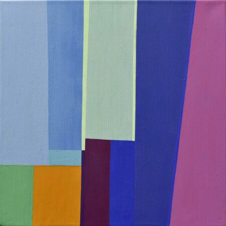 Colourful acrylic painting by Carolina Guillermet with Blue green pink orange and burgundy. Colourful geometry