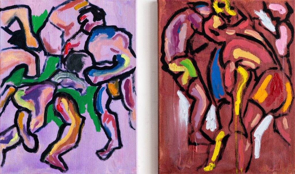 Diptych of two abstract oil paintings featuring fighting/boxing scenes by Allegra Pacheco.
