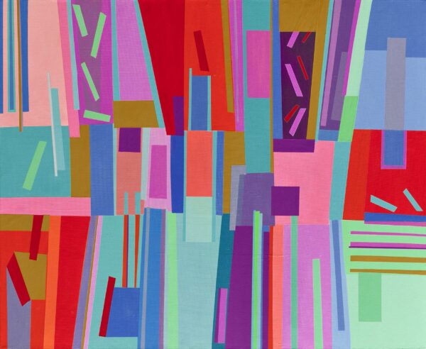 Colourful acrylic painting by Carolina Guillermet with the colours of the rainbow evoking a feeling of a happy jigsaw puzzle. geometric pattern painting