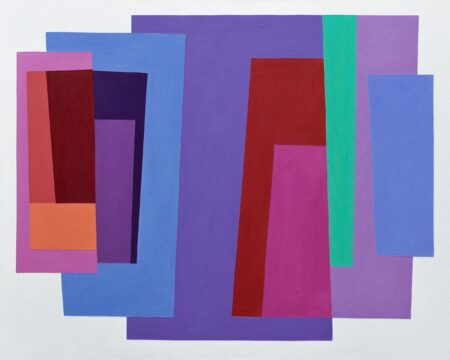 Colourful acrylic painting by Carolina Guillermet with blue purple red green and pink. Evoking the mood of balanced harmony. Josef Albers influence. Representing colorful costa rican art.