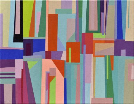 Colourful acrylic painting by Carolina Guillermet with the colours of the rainbow evoking a mood of bright wonder. A colourful geometric painting