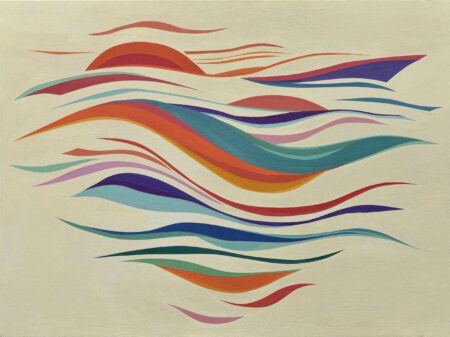 Colourful acrylic Carolina Guillermet painting with orange green blue and taupe. This painting evokes a mood of hopefulness and that of a sunrise. It explores colour and form.
