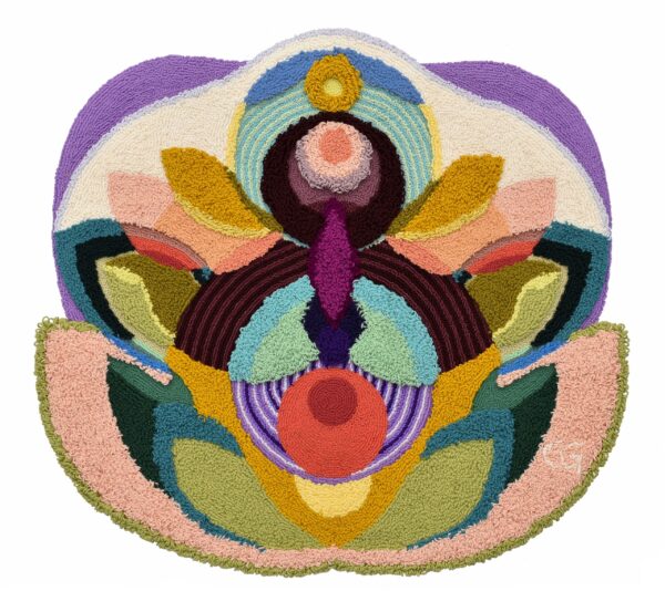 Colourful acrylic tapestry by Carolina Guillermet with many floral colours evoking the mood of growth and happiness.
