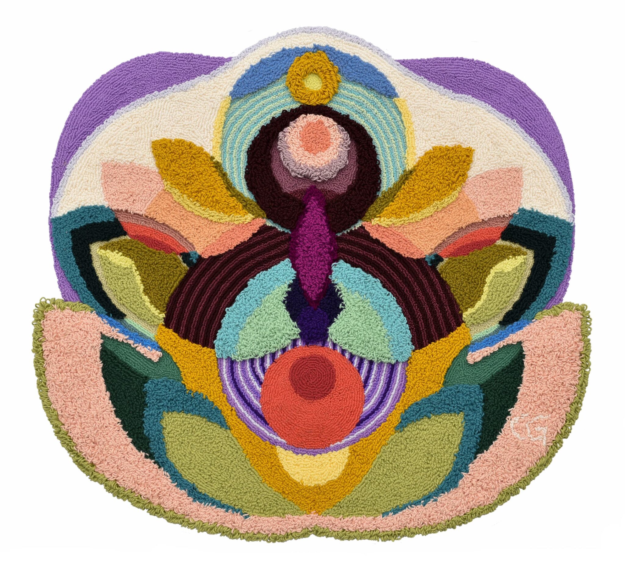Colourful acrylic tapestry by Carolina Guillermet with many floral colours evoking the mood of growth and happiness.