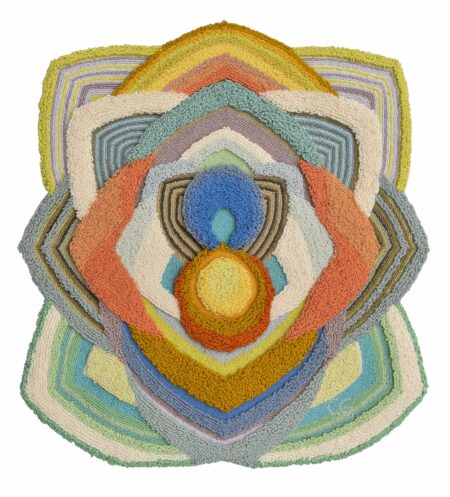 Colourful acrylic tapestry by Carolina Guillermet with many floral colours evoking the mood of growth and happiness. Kaleidoscope textile art