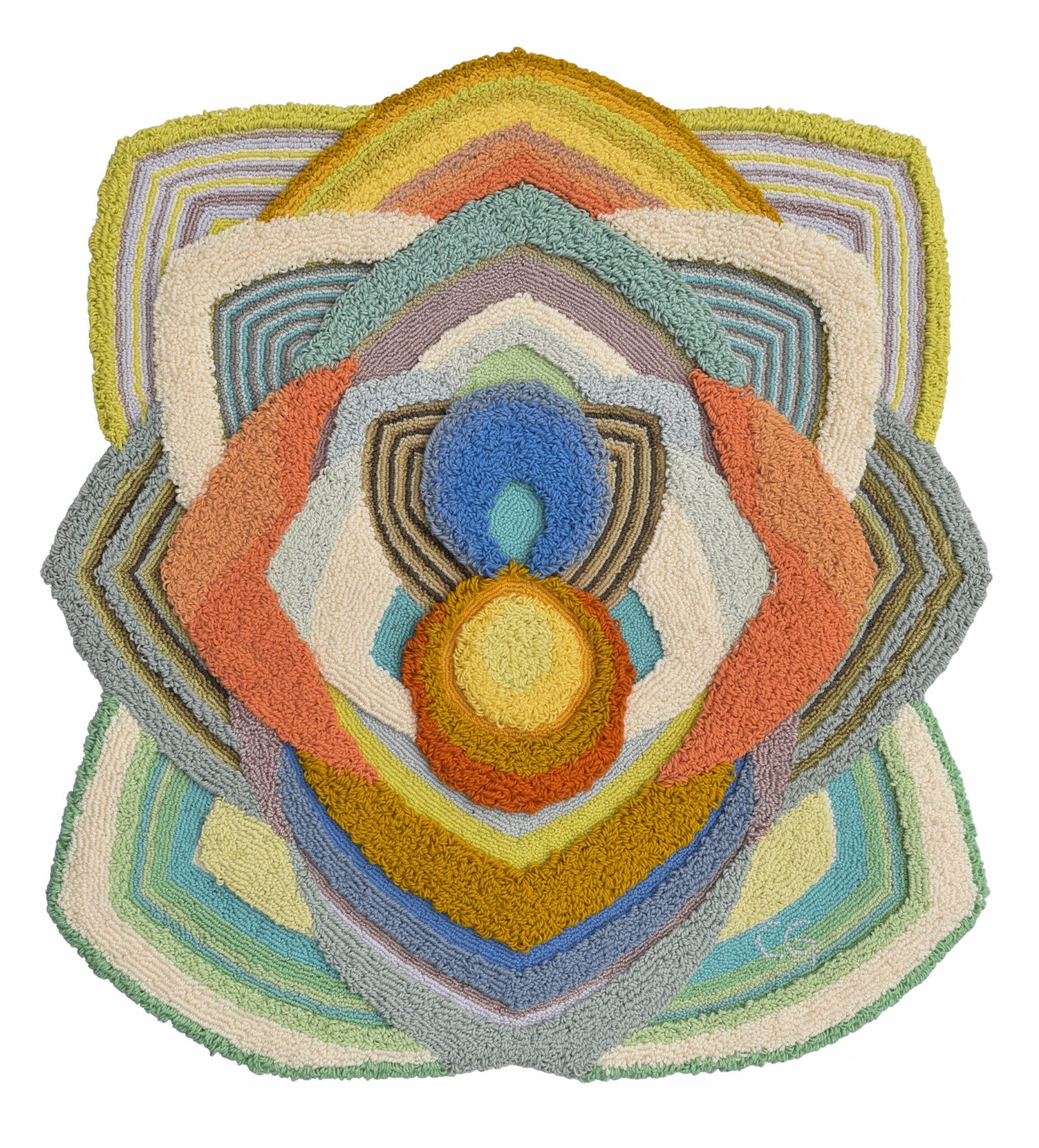 Colourful acrylic tapestry by Carolina Guillermet with many floral colours evoking the mood of growth and happiness. Kaleidoscope textile art