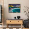 A colourful abstract painting hanging on a wall of a contemporary living space.