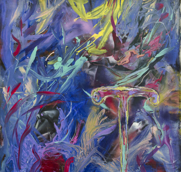 Forma Del Tiempo Series painting. Colourful, abstract painting with a lot of purple and blue, with staff that may represent a double penis, by Aimée Joaristi.