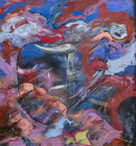 Blue, red and pink abstract painting with a hoe in the centre perhaps held by the magical Yoruba farmer, by Aimée Joaristi from the Forma Del Tiempo Series called Yoruba painting