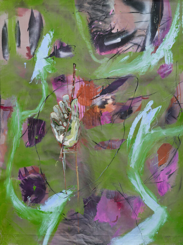Green and pink abstract painting with hand holding a brush almost begging the hand to paint more by Aimée Joaristi Costa Rican Artist. From the Forma Del Tiempo series