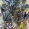 Abstract mixed media still life painting with jug by Aimée Joaristi from the"Receptacle" series.