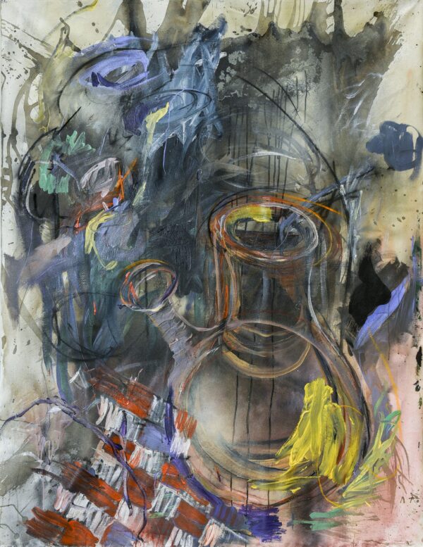 Abstract mixed media still life painting with jug by Aimée Joaristi from the"Receptacle" series.
